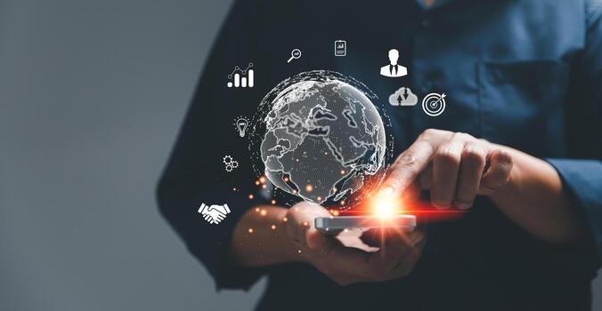 business-global-internet-connection-application-technology-and-digital-marketing-financial-and-banking-digital-link-tech-big-data-woman-hand-holding-virtual-global-internet-connection-metaverse-photo