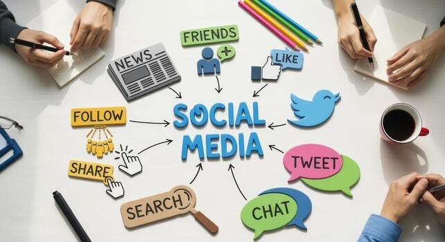 overhead-shot-of-social-media-strategy-meeting-with-graphics-and-team-collaboration-for-marketing-photo